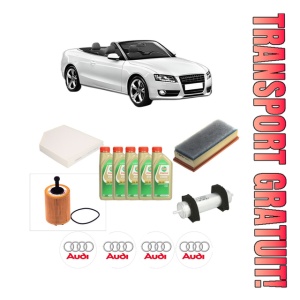 Set Pachet filtre revizie Bosch, 5 litrii ulei Castrol 5W30 AUDI A5 Convertible (8F7) 2.0 TDI din 2009-2014, 4x Stickere auto cu AUDI
