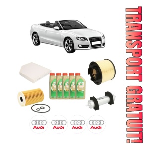 Set Pachet filtre revizie Bosch, 5 litrii ulei Castrol 5W30 AUDI A5 Convertible (8F7) 2.0 TDI din 2013-2017, 4x Stickere auto cu AUDI