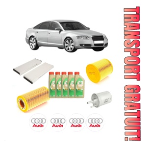 Set Pachet filtre revizie Bosch, 5 litrii ulei Castrol 5W30 AUDI A6 C6 (4F2) 2.0 TFSI din 2005-2011, 4x Stickere auto cu AUDI