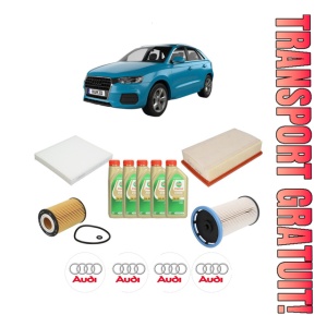 Set Pachet filtre revizie Bosch, 5 litrii ulei Castrol 5W30 AUDI Q3 (F3B) 40 TDI quattro din 2018, 4x Stickere auto cu AUDI