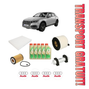 Set Pachet filtre revizie Bosch, 5 litrii ulei Castrol 5W30 AUDI Q5 (FYB, FYG) 2.0 TDI quattro din 2016-2018, 4x Stickere auto cu AUDI