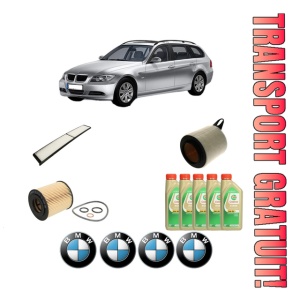 Set Pachet filtre revizie Bosch, 5 litrii ulei Castrol 5W30 BMW Seria 3 Touring (E91) 318 i din 2007-2012, 4x Stickere auto cu BMW