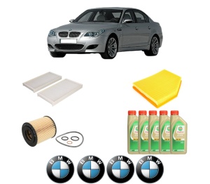 Set Pachet filtre revizie Bosch, 5 litrii ulei Castrol 5W30 BMW Seria 5 (E60) 520 i din 2006-2010, 4x Stickere auto cu BMW - Img 2