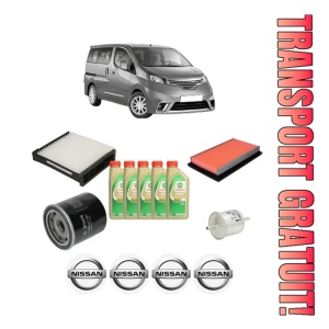 Set Pachet filtre revizie Bosch, 5 litrii ulei Castrol 5W30 NISSAN NV200 / EVALIA Bus 1.6 16V (M20, M20M) din 2010, 4x Stickere auto cu NISSAN
