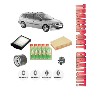 Set Pachet filtre revizie Bosch, 5 litrii ulei Castrol 5W30 RENAULT MEGANE II Estate (KM0/1_) 1.5 dCi (KM1F) din 2005-2009, 4x Stickere auto cu RENAULT