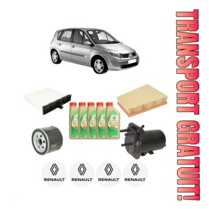 Set Pachet filtre revizie Bosch, 5 litrii ulei Castrol 5W30 RENAULT SCENIC II (JM0/1_) 1.5 dCi (JM16) din 2007-2008, 4x Stickere auto cu RENAULT