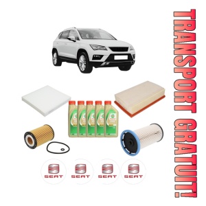 Set Pachet filtre revizie Bosch, 5 litrii ulei Castrol 5W30 SEAT ATECA (KH7, KHP) 1.6 TDI din 2016, 4x Stickere auto cu SEAT