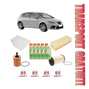 Set Pachet filtre revizie Bosch, 5 litrii ulei Castrol 5W30 SEAT LEON (1P1) 2.0 TDI din 2006-2012, 4x Stickere auto cu SEAT
