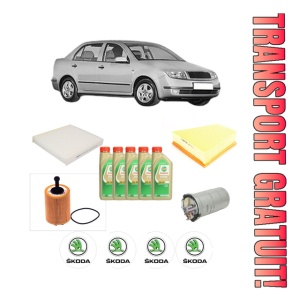 Set Pachet filtre revizie Bosch, 5 litrii ulei Castrol 5W30 SKODA FABIA I Saloon (6Y3) 1.4 TDI din 2003-2007, 4x Stickere auto cu SKODA