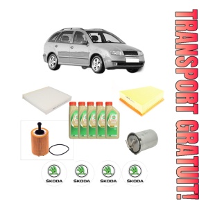 Set Pachet filtre revizie Bosch, 5 litrii ulei Castrol 5W30 SKODA FABIA I Combi (6Y5) 1.4 TDI din 2005-2007, 4x Stickere auto cu SKODA