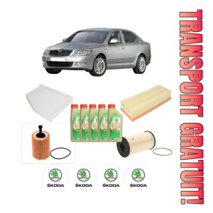 Set Pachet filtre revizie Bosch, 5 litrii ulei Castrol 5W30 SKODA Octavia II (1Z3) 2.0 TDI 16V din 2004-2013, 4x Stickere auto cu SKODA