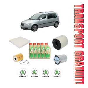 Set Pachet filtre revizie Bosch, 5 litrii ulei Castrol 5W30 SKODA ROOMSTER Praktik (5J) 1.2 TDI din 2010-2015, 4x Stickere auto cu SKODA