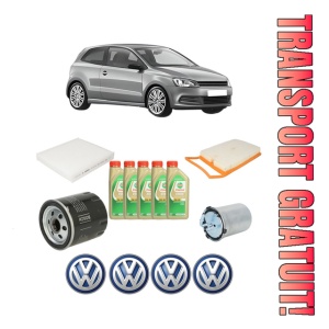 Set Pachet filtre revizie Bosch, 5 litrii ulei Castrol 5W30 Volkswagen POLO V (6R1, 6C1) 1.4 TDI din 2014-2017, 4x Stickere auto cu Volkswagen
