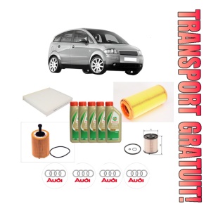 Set Pachet filtre revizie Bosch, 5 litrii ulei Castrol 5W40 AUDI A2 (8Z0) 1.4 TDI din 2003-2005, 4x Stickere auto cu AUDI