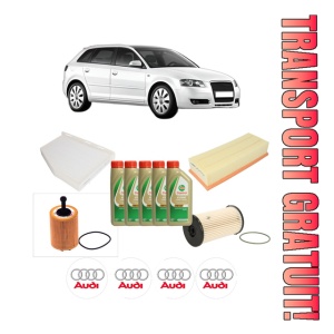 Set Pachet filtre revizie Bosch, 5 litrii ulei Castrol 5W40 AUDI A3 Sportback (8PA) 1.9 TDI din 2004-2010, 4x Stickere auto cu AUDI