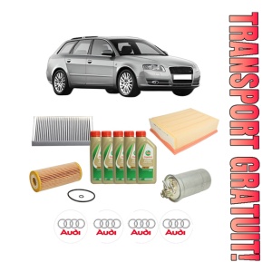 Set Pachet filtre revizie Bosch, 5 litrii ulei Castrol 5W40 AUDI A4 B7 Avant (8ED) 1.9 TDI din 2004-2008, 4x Stickere auto cu AUDI