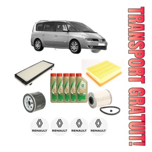 Set Pachet filtre revizie Bosch, 5 litrii ulei Castrol 5W40 RENAULT ESPACE IV (JK0/1_) 1.9 dCi (JK0U) din 2003-2005, 4x Stickere auto cu RENAULT