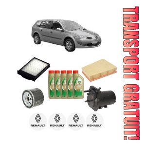 Set Pachet filtre revizie Bosch, 5 litrii ulei Castrol 5W40 RENAULT MEGANE II Estate Van (KM_) 1.5 dCi (KM02) din 2003-2009, 4x Stickere auto cu RENAULT