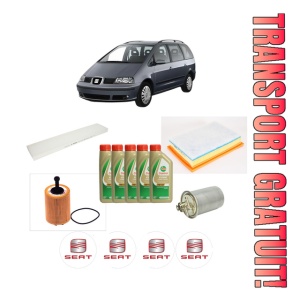 Set Pachet filtre revizie Bosch, 5 litrii ulei Castrol 5W40 SEAT ALHAMBRA (7V8, 7V9) 1.9 TDI din 2005-2007, 4x Stickere auto cu SEAT