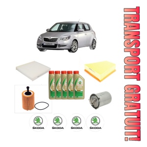 Set Pachet filtre revizie Bosch, 5 litrii ulei Castrol 5W40 SKODA FABIA II (542) 1.4 TDI din 2007-2010, 4x Stickere auto cu SKODA