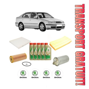 Set Pachet filtre revizie Bosch, 5 litrii ulei Castrol 5W40 SKODA Octavia I (1U2) 1.9 TDI din 2005-2010, 4x Stickere auto cu SKODA