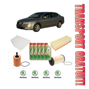 Set Pachet filtre revizie Bosch, 5 litrii ulei Castrol 5W40 SKODA SUPERB II Estate (3T5) 2.0 TDI din 2009-2010, 4x Stickere auto cu SKODA