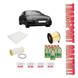 Set Pachet filtre revizie Bosch, 6 litrii ulei Castrol 0W20 AUDI A5 (F53, F5P) 45 TFSI Mild Hybrid din 2018-2020, 4x Stickere auto cu AUDI
