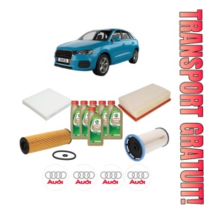 Set Pachet filtre revizie Bosch, 6 litrii ulei Castrol 0W20 AUDI Q3 (F3B) 35 TDI quattro din 2018, 4x Stickere auto cu AUDI