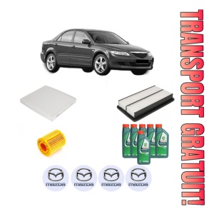 Set Pachet filtre revizie Bosch, 6 litrii ulei Castrol 10W40 MAZDA 6 Saloon (GG) 2.3 MPS Turbo (GG3P) din 2005-2007, 4x Stickere auto cu MAZDA