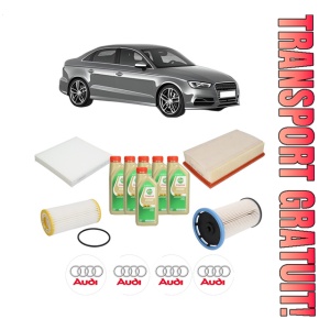Set Pachet filtre revizie Bosch, 6 litrii ulei Castrol 5W30 AUDI A3 Limousine (8VS, 8VM) 1.8 TFSI quattro din 2013-2016, 4x Stickere auto cu AUDI