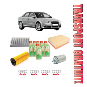 Set Pachet filtre revizie Bosch, 6 litrii ulei Castrol 5W30 AUDI A4 B7 (8EC) 2.5 TDI din 2004-2006, 4x Stickere auto cu AUDI