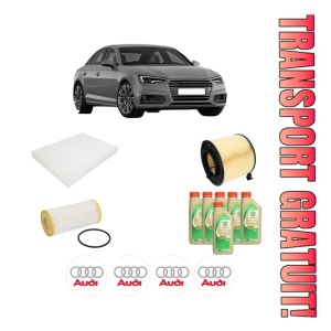 Set Pachet filtre revizie Bosch, 6 litrii ulei Castrol 5W30 AUDI A4 B9 (8W2, 8WC) 2.0 TFSI quattro din 2015, 4x Stickere auto cu AUDI