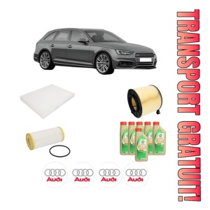 Set Pachet filtre revizie Bosch, 6 litrii ulei Castrol 5W30 AUDI A4 B9 Avant (8W5, 8WD) 2.0 TFSI quattro din 2015-2019, 4x Stickere auto cu AUDI