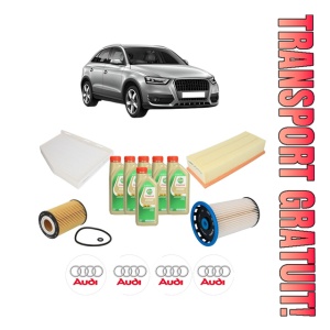 Set Pachet filtre revizie Bosch, 6 litrii ulei Castrol 5W30 AUDI Q3 (8UB, 8UG) 2.0 TDI din 2014-2018, 4x Stickere auto cu AUDI