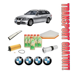 Set Pachet filtre revizie Bosch, 6 litrii ulei Castrol 5W30 BMW Seria 3 Touring (E91) 320 d din 2007-2010, 4x Stickere auto cu BMW