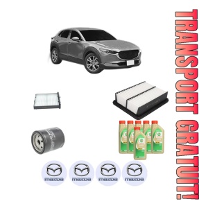 Set Pachet filtre revizie Bosch, 6 litrii ulei Castrol 5W30 MAZDA CX-30 (DM) 1.8 SKYACTIV-D din 2019, 4x Stickere auto cu MAZDA