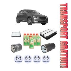 Set Pachet filtre revizie Bosch, 6 litrii ulei Castrol 5W30 MAZDA CX-3 (DK) 1.5 SKYACTIV-D AWD (DK4WS, DK5AW) din 2015-2018, 4x Stickere auto cu MAZDA