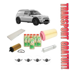 Set Pachet filtre revizie Bosch, 6 litrii ulei Castrol 5W30 MINI MINI CLUBVAN (R55) Cooper D din 2012-2014, 4x Stickere auto cu MINI