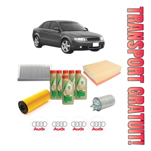 Set Pachet filtre revizie Bosch, 6 litrii ulei Castrol 5W40 AUDI A4 B6 (8E2) 2.5 TDI quattro din 2000-2004, 4x Stickere auto cu AUDI