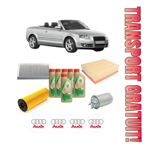 Set Pachet filtre revizie Bosch, 6 litrii ulei Castrol 5W40 AUDI A4 B6 Convertible (8H7) 2.5 TDI din 2002-2005, 4x Stickere auto cu AUDI