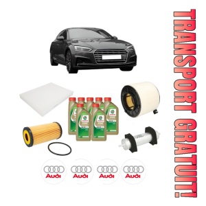 Set Pachet filtre revizie Bosch, 7 litrii ulei Castrol 0W20 AUDI A5 (F53, F5P) 3.0 TDI quattro din 2016-2018, 4x Stickere auto cu AUDI