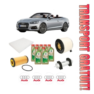 Set Pachet filtre revizie Bosch, 7 litrii ulei Castrol 0W20 AUDI A5 Convertible (F57, F5E) 3.0 TDI din 2017-2018, 4x Stickere auto cu AUDI
