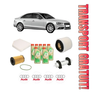 Set Pachet filtre revizie Bosch, 7 litrii ulei Castrol 5W30 AUDI A4 B8 (8K2) 3.0 TDI quattro din 2011-2015, 4x Stickere auto cu AUDI