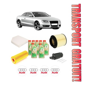 Set Pachet filtre revizie Bosch, 7 litrii ulei Castrol 5W30 AUDI A5 (8T3) 3.2 FSI quattro din 2007-2012, 4x Stickere auto cu AUDI