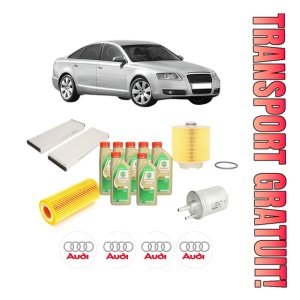 Set Pachet filtre revizie Bosch, 7 litrii ulei Castrol 5W30 AUDI A6 C6 (4F2) 2.8 FSI din 2008-2011, 4x Stickere auto cu AUDI