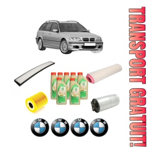 Set Pachet filtre revizie Bosch, 7 litrii ulei Castrol 5W30 BMW Seria 3 Touring (E46) 330 xd din 2000-2003, 4x Stickere auto cu BMW