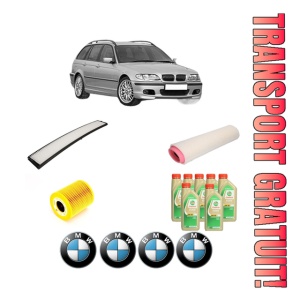 Set Pachet filtre revizie Bosch, 7 litrii ulei Castrol 5W30 BMW Seria 3 Touring (E46) 330 xd din 2002-2005, 4x Stickere auto cu BMW