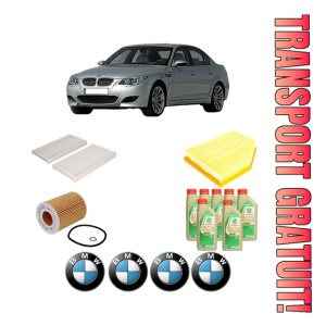 Set Pachet filtre revizie Bosch, 7 litrii ulei Castrol 5W30 BMW Seria 5 (E60) 525 i din 2003-2005, 4x Stickere auto cu BMW