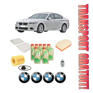 Set Pachet filtre revizie Bosch, 7 litrii ulei Castrol 5W30 BMW Seria 5 (F10) 523 i din 2010-2011, 4x Stickere auto cu BMW