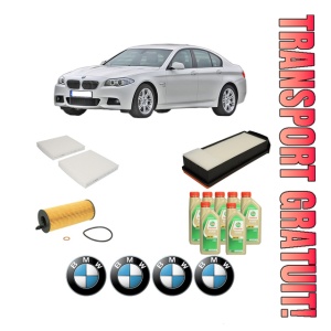 Set Pachet filtre revizie Bosch, 7 litrii ulei Castrol 5W30 BMW Seria 5 (F10) M 550 d xDrive din 2012-2016, 4x Stickere auto cu BMW